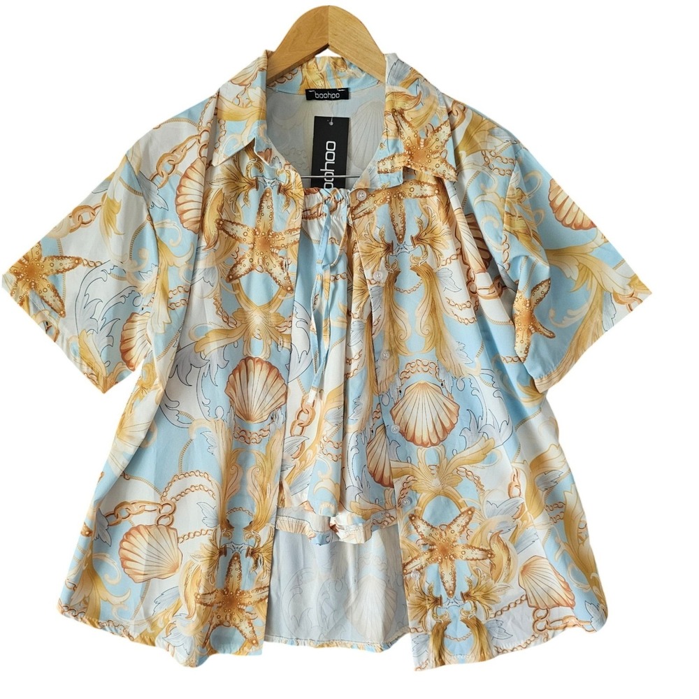 Boohoo Pajama Matching Set Baroque Sea Shell Starfish Print Shirt Shorts Size‎ 8